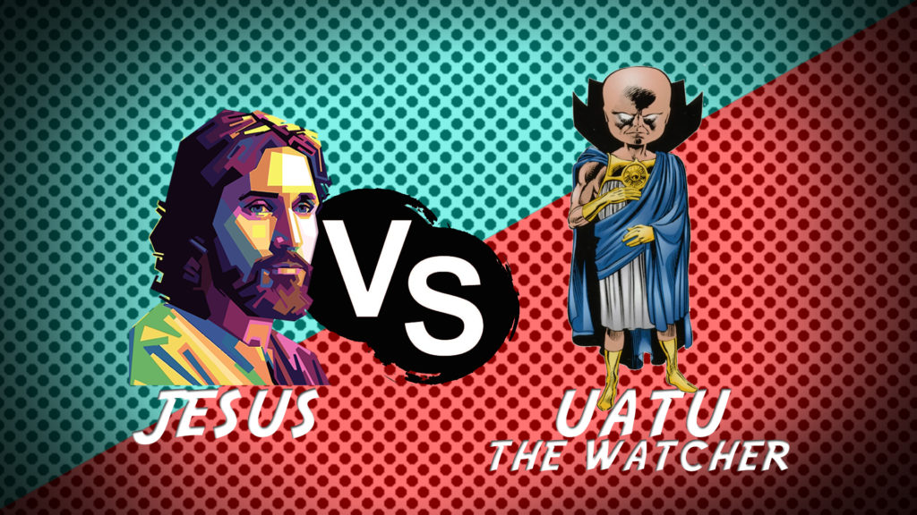 Portrayal of Jesus Christ to the left. Uatu the watcher from marvel comics to the right. Jesus versus.