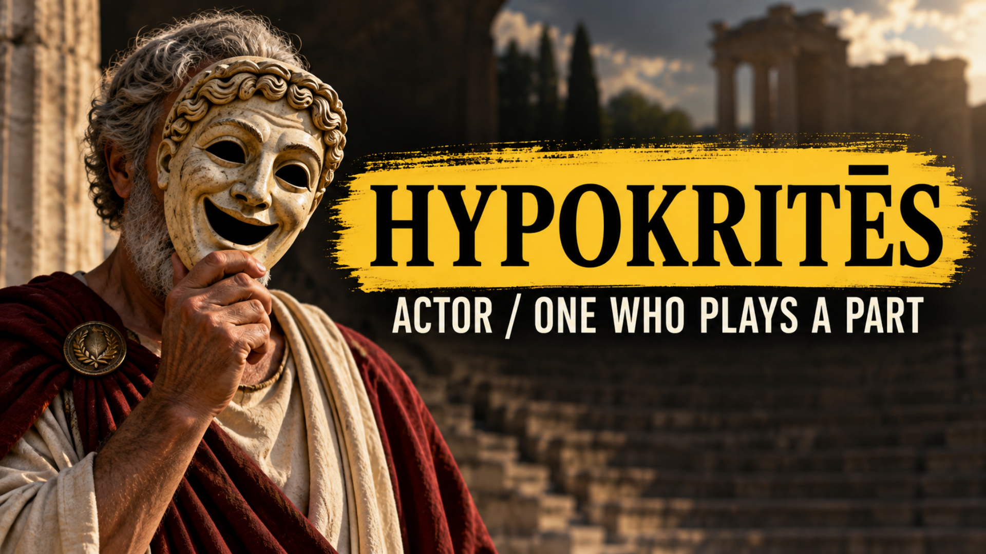 Ancient actor holding a mask illustrating the Greek word hypokritēs, meaning actor or one who plays a part