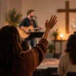 A raised hand during worship in a small church room, with a guitarist and singer softly blurred in the background