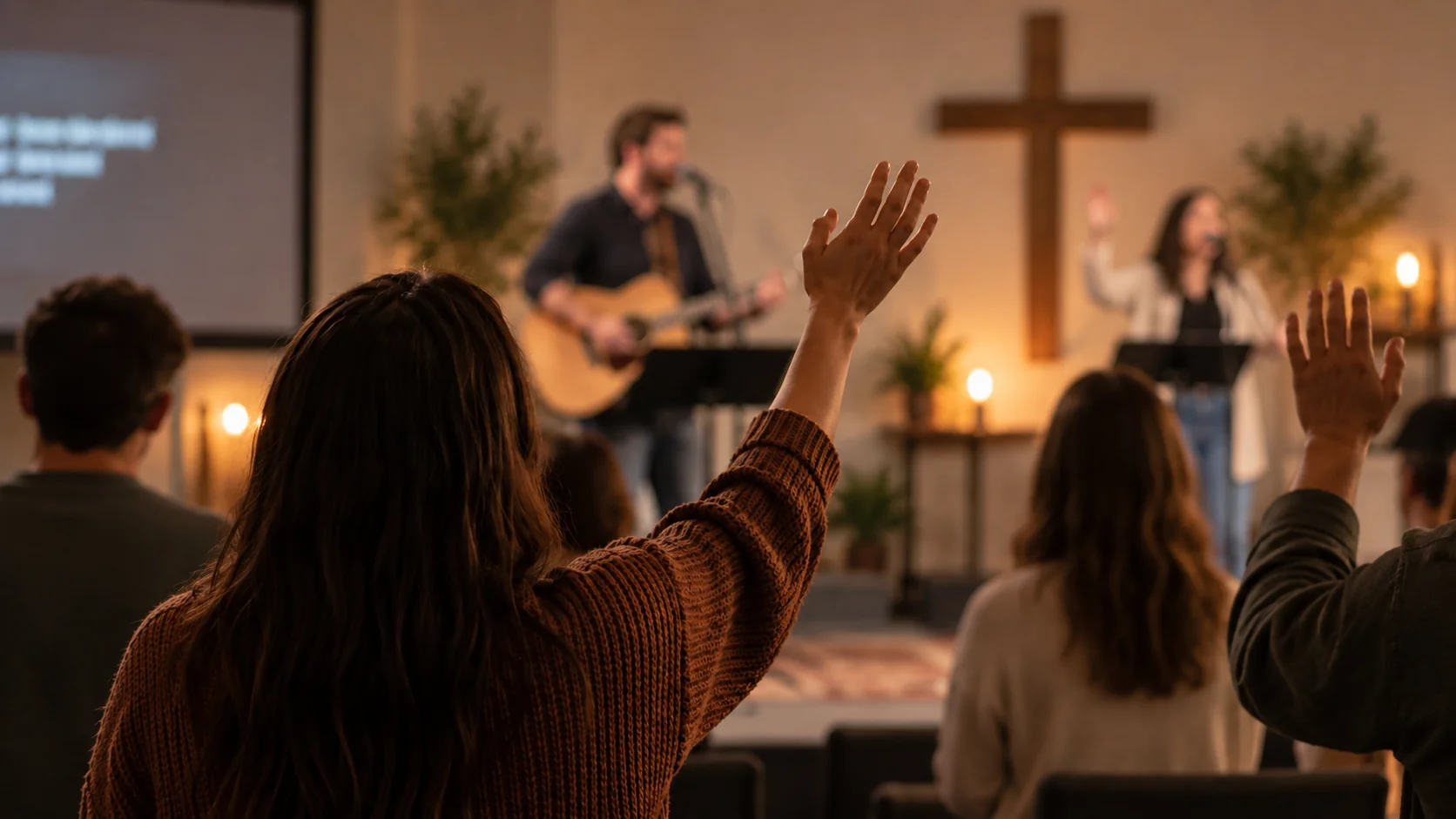 A raised hand during worship in a small church room, with a guitarist and singer softly blurred in the background